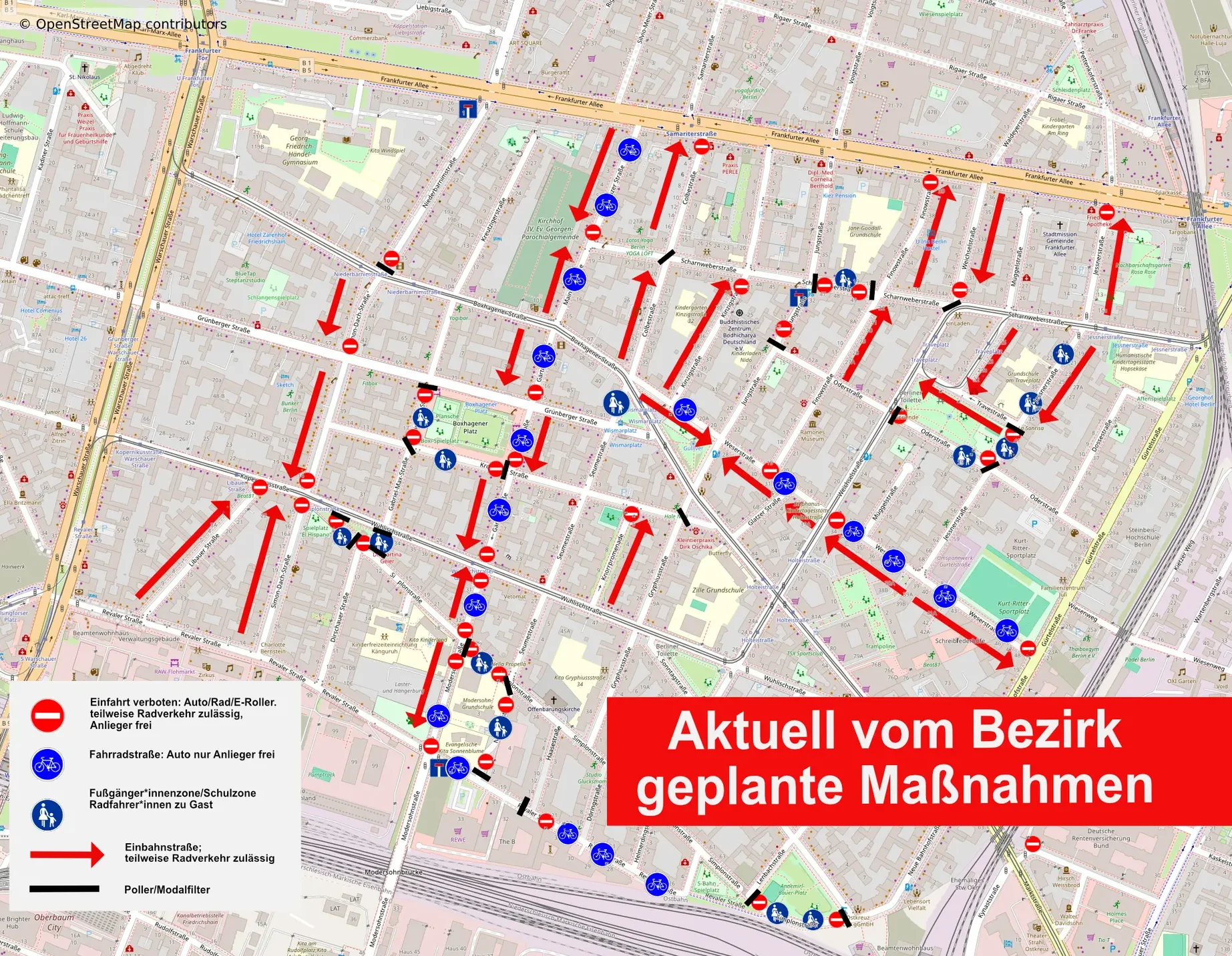 Karte mit geplanten Maßnahmen im Bezirk, gekennzeichnet durch rote und blaue Symbole.